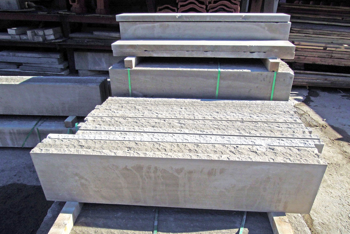 Limestone treads banded and ready for pickup