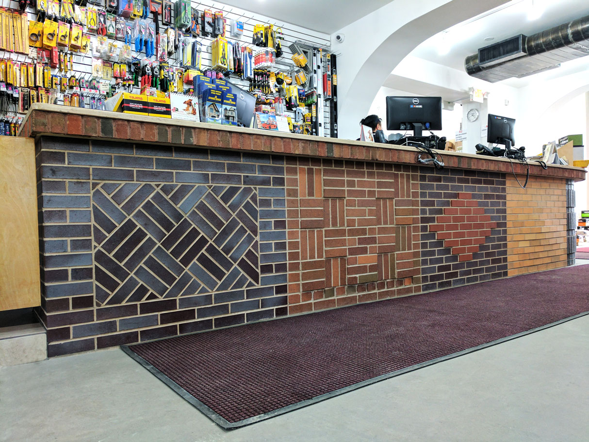Herringbone and basketweave panels on the counter face
